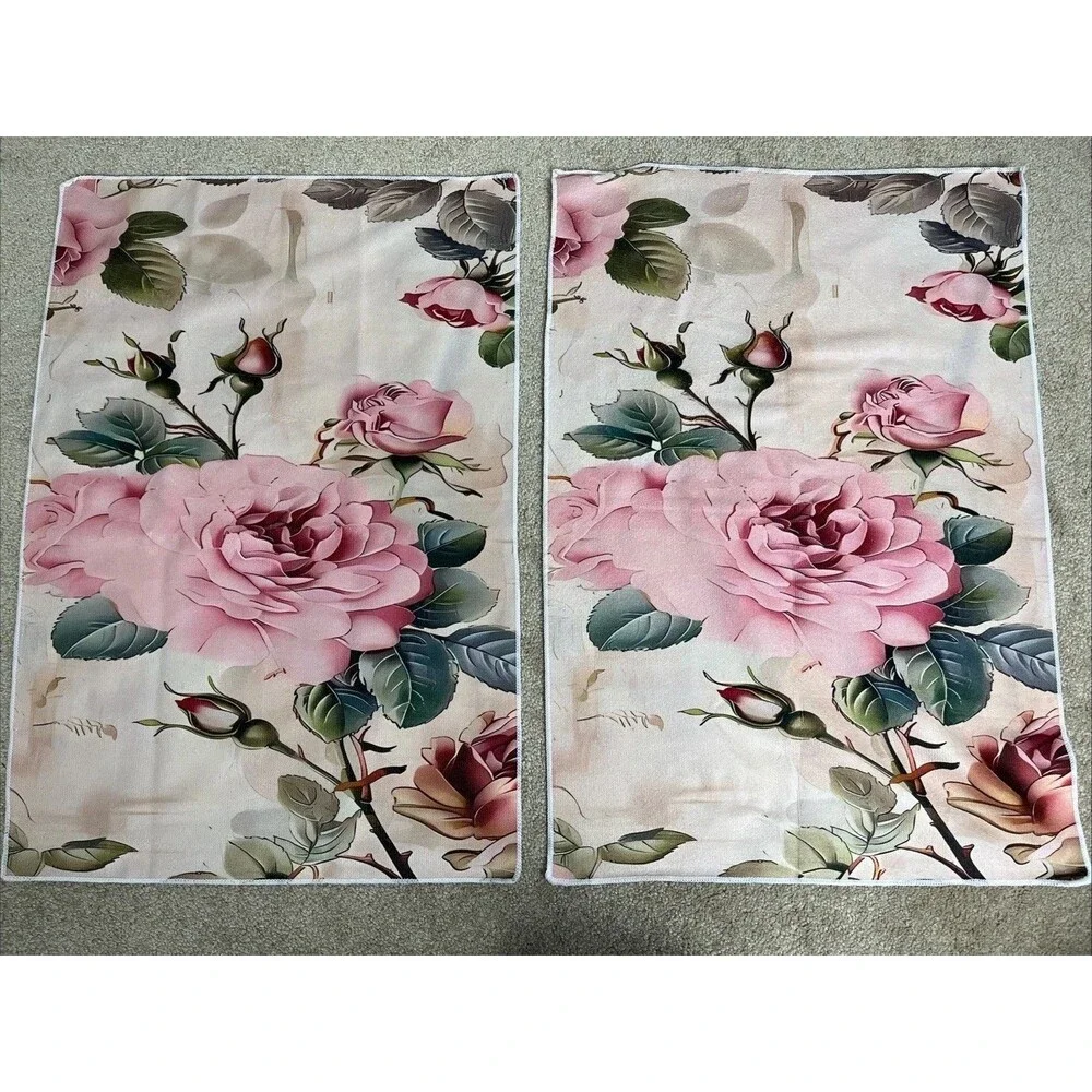 2 Pink Flower Hand Towels Decorative Towels‎ Bathroom Elegant Rose Floral Leaf